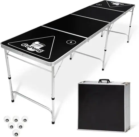 Black 8-foot folding game table with printed triangle graphics and aluminum legs