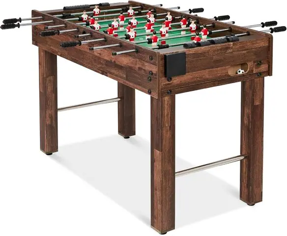 Wood-finish foosball table with red and white player rods