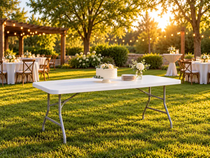 White 6-foot rectangular folding table with black metal legs