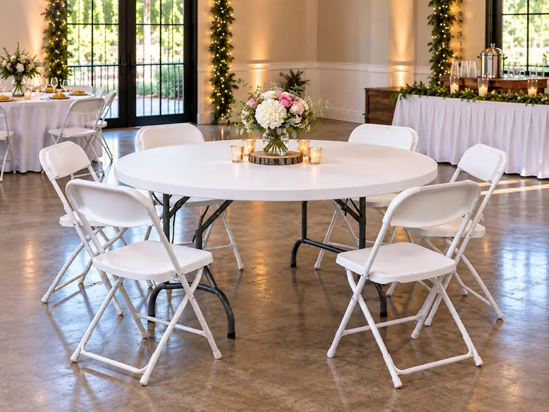 White 60-inch round folding table with gray metal legs