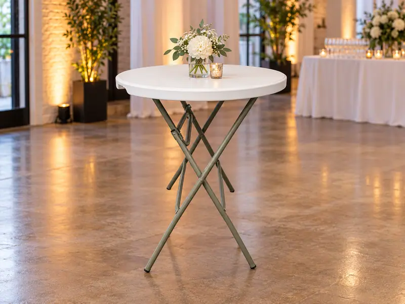 White round cocktail table with a folding metal base
