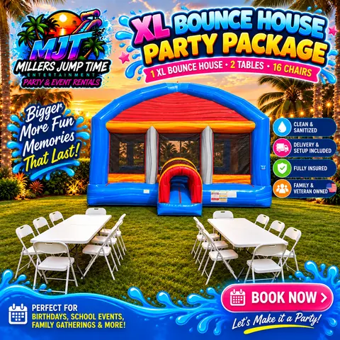 XL Bounce House Party Package with a large inflatable bounce house, tables, and chairs