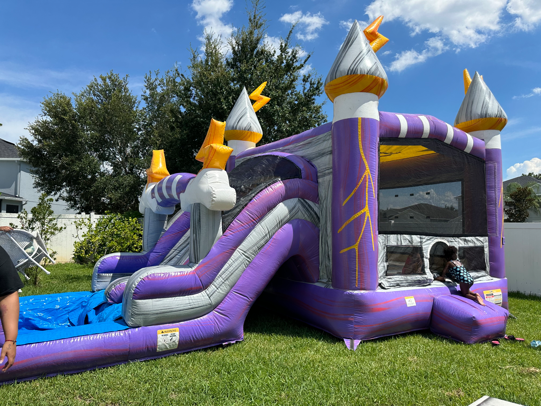 Close view of Lightning's purple slide, silver rails and yellow lightning bolts