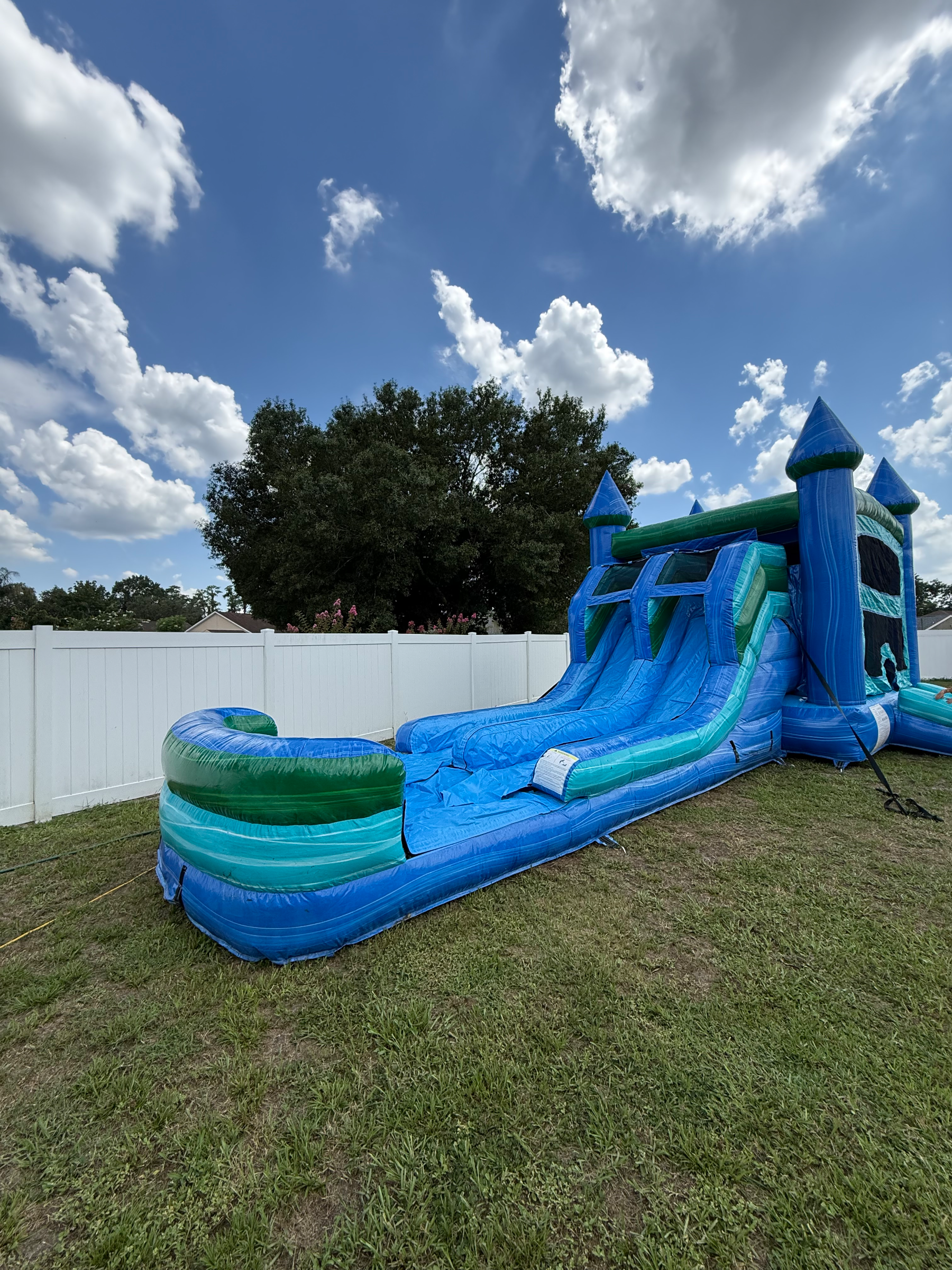 XL Noah's Ark twin blue slide lanes and round turquoise pool outside a house