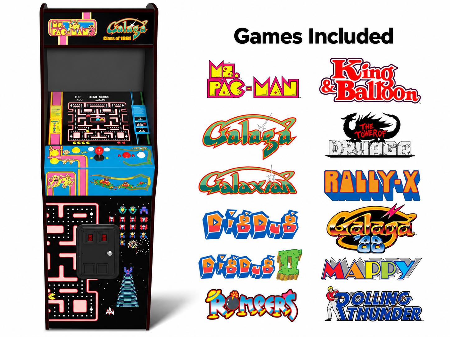 Black Ms. Pac-Man arcade cabinet graphic with included classic-game artwork
